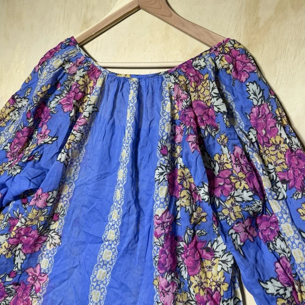 Free People Floral Peasant Boho Blouse Women's Medium Blue 3/4 Sleeve Top